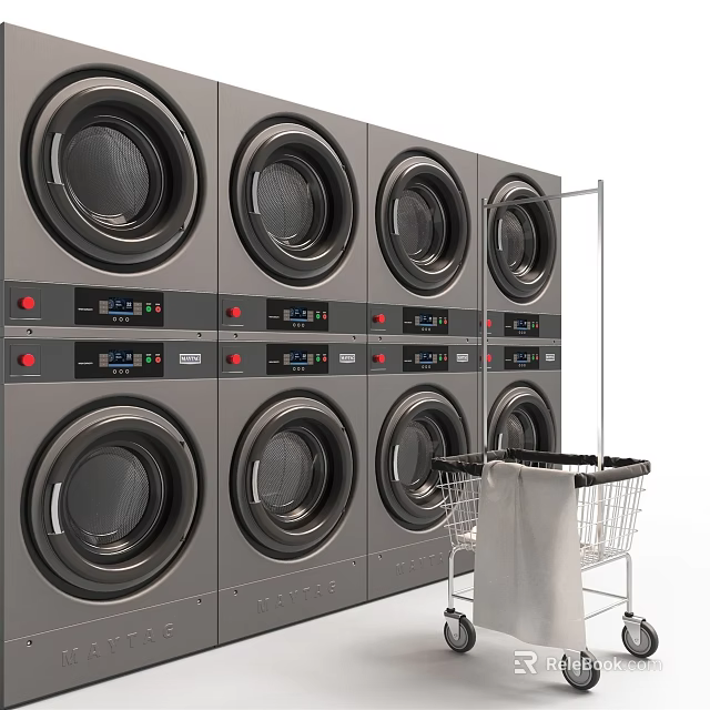Stacked Commercial Washing Machines in Laundry Room with Mobile Laundry Cart and Control Panels 3d model 