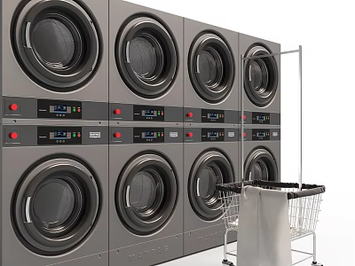 Stacked Commercial Washing Machines in Laundry Room with Mobile Laundry Cart and Control Panels 3d model