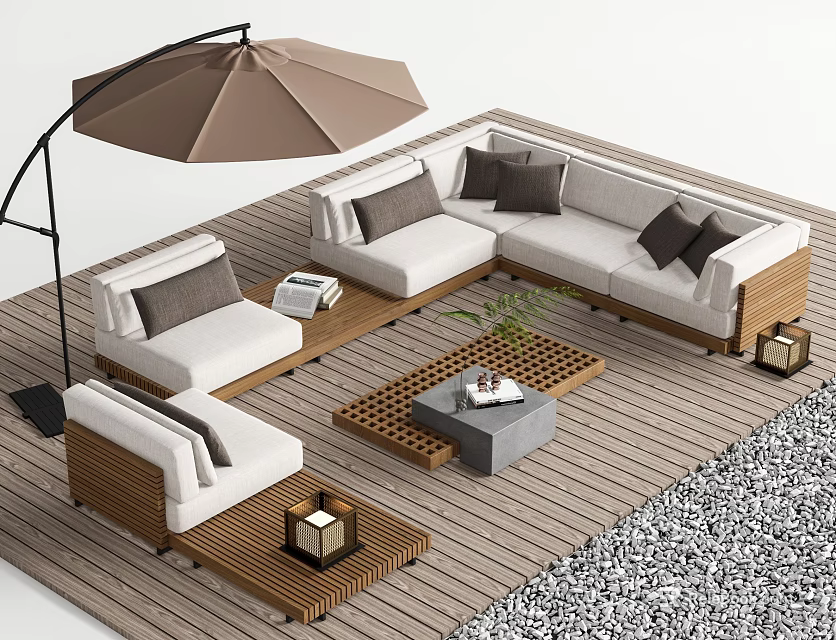 Stylish Outdoor Sofa on Wooden Deck with Umbrella Coffee Table and Soft Cushions 3d model 