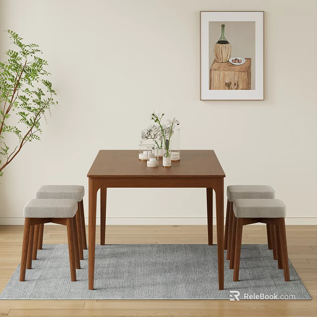 Minimalist Dining Table Set with Wooden Table Grey Cushioned Stools Indoor Plant and Wall Art 3d model 