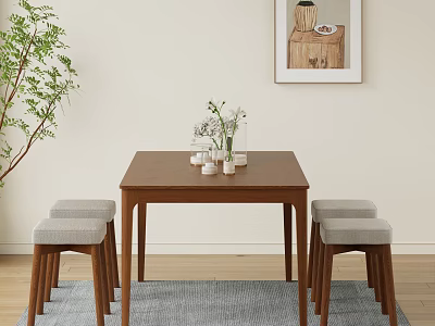 Minimalist Dining Table Set with Wooden Table Grey Cushioned Stools Indoor Plant and Wall Art 3d model