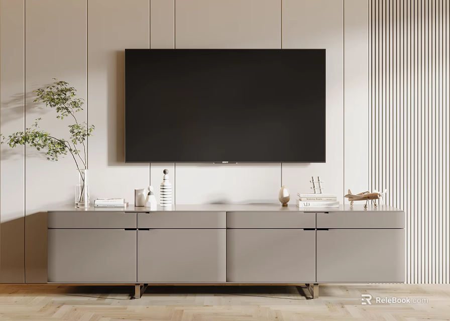 Modern TV Stand With Mounted TV Green Plant Decor And Wooden Floor In Living Room 3d model 