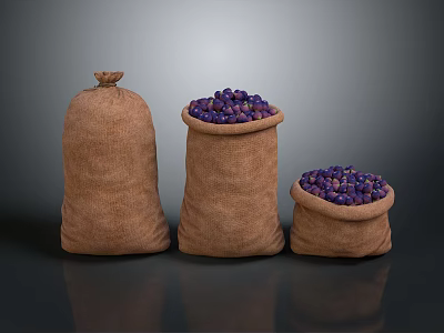 Three Burlap Sacks Filled with Fresh Purple Fruits on Dark Surface 3d model