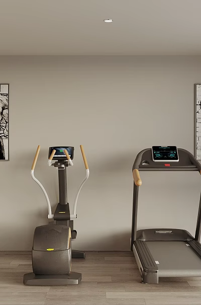 Modern Sports Equipment in Home Gym Room with Treadmill Elliptical Trainer Dumbbell Rack and Wall Posters 3d model