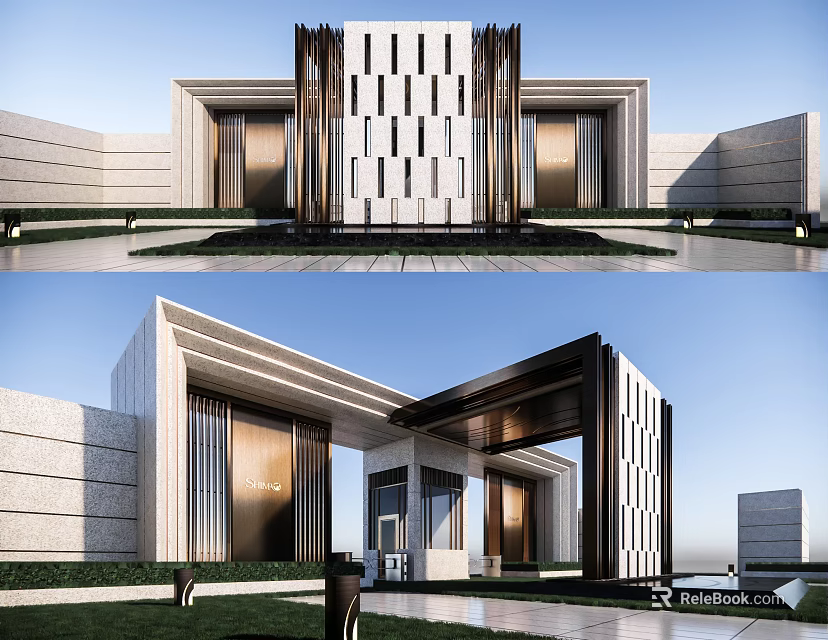Modern Luxury Entrance Gate With Stone Facade Metal Frames And Symmetrical Design 3d model 