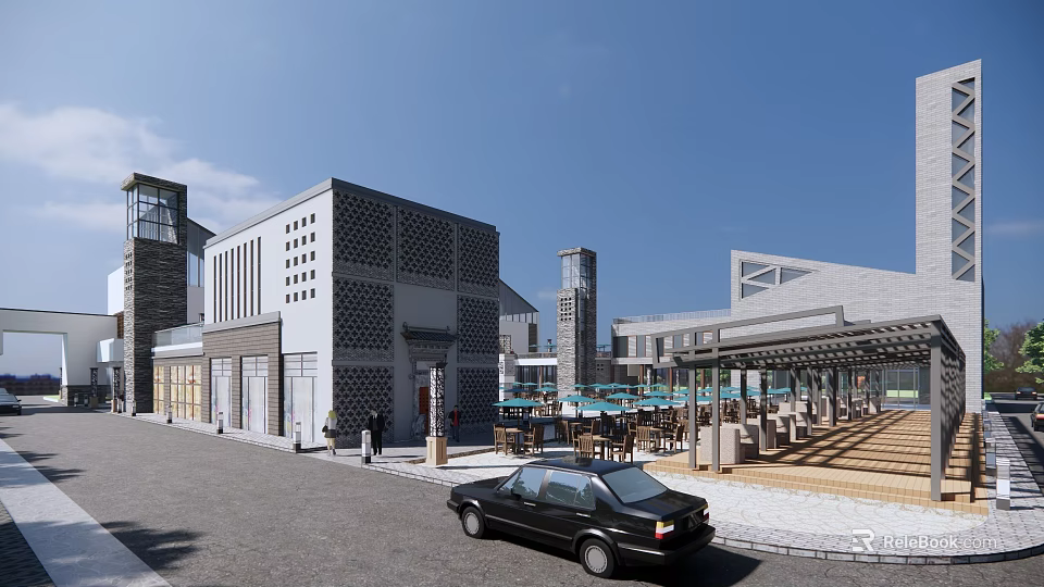 Modern Commercial Street With Perforated Wall Buildings Tower Outdoor Seating And Stone Paved Road 3d model 