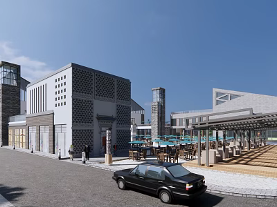 Modern Commercial Street With Perforated Wall Buildings Tower Outdoor Seating And Stone Paved Road 3d model