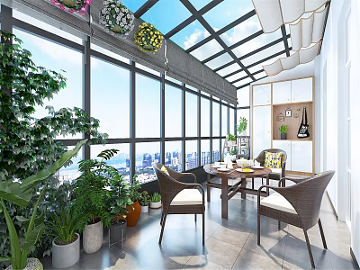 Villa Balcony with Floor to Ceiling Windows City View Green Plants and Dining Table Chairs 3d model