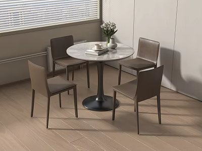Round Dining Table with Four Brown Chairs and Vase Flowers Book Cup in Light Room 3d model