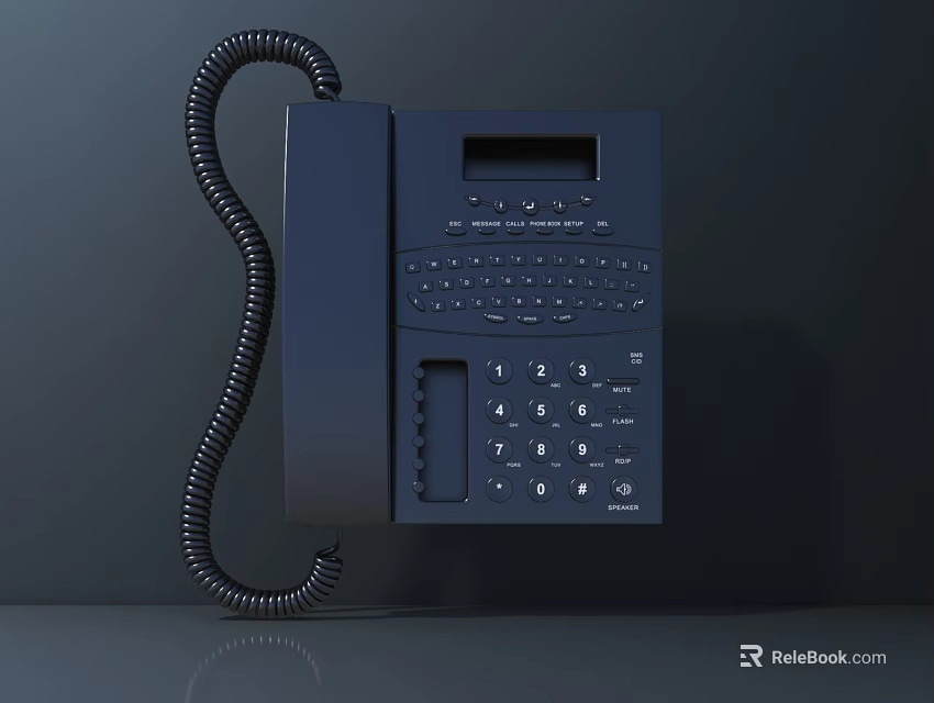 Black Digital Landline Phone With Numeric Keypad Display Screen And Curly Telephone Cord 3d model 