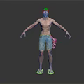 Shirtless Muscular Man In Ripped Blue Denim Shorts Colorful Sneakers Backpack Standing Gray Background