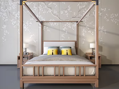 Chinese Style Four Poster Double Bed With Plum Blossom Backdrop Nightstands And Table Lamps 3d model