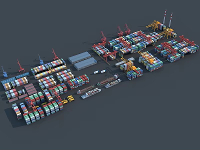 Container Terminal Architecture With Stacked Containers Cargo Cranes And Transport Trucks 3d model
