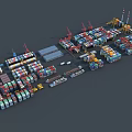 Container Terminal Architecture With Stacked Containers Cargo Cranes And Transport Trucks