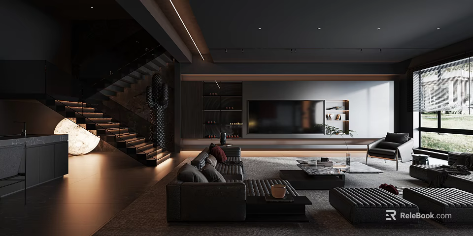 Modern Duplex Living Room Interior Design With Staircase Sofa Coffee Table TV Wall And Lighting 3d model