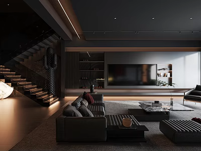 Modern Duplex Living Room Interior Design With Staircase Sofa Coffee Table TV Wall And Lighting 3d model