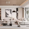 Contemporary Living Room Interior With Sofa Coffee Table Armchairs Artwork Floor Lamp And Area Rug