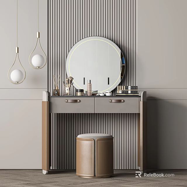 Modern Dressing Table with Round Lighted Mirror Two Drawers Cosmetics Brown Stool and Pendant Lights 3d model 