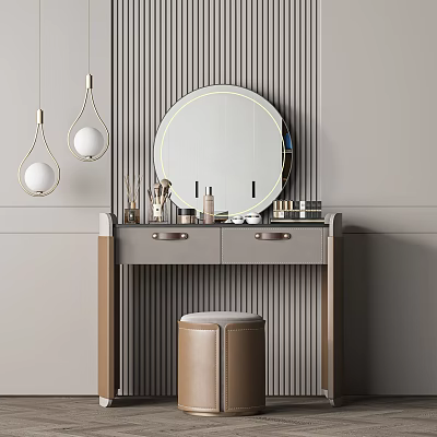 Modern Dressing Table with Round Lighted Mirror Two Drawers Cosmetics Brown Stool and Pendant Lights 3d model