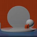 White Circular Display Shelf with Orange Grid Background Blue Floor and Orange Objects on Platform 3d model