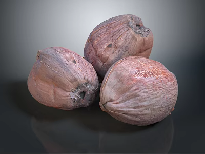 Three Pinkish Brown Coconuts on Dark Reflective Surface with Textured Skin 3d model