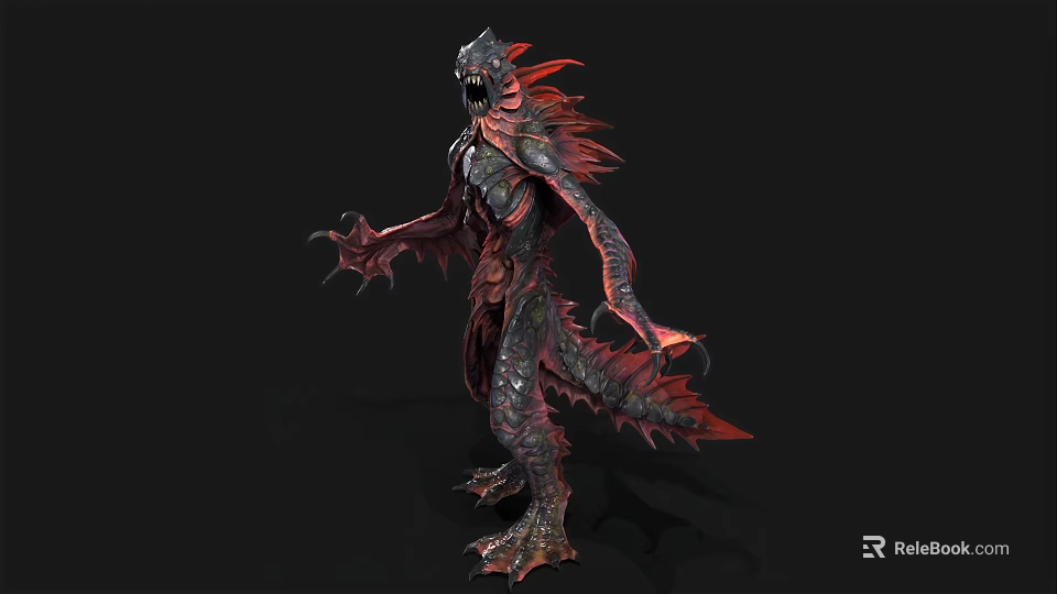 Aquatic Creature 3D Model With Red Dark Skin Sharp Claws And Scales 3d model 