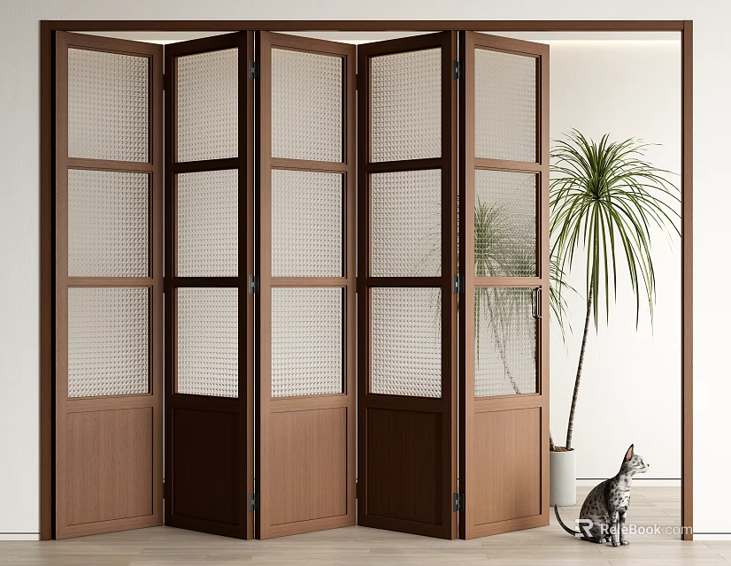 Wooden Folding Doors With Mesh Glass Panels In Modern Interior 3d model 