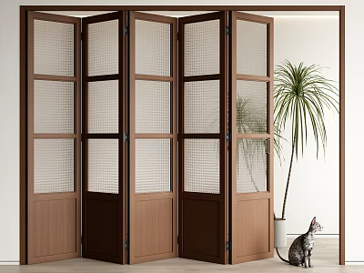Wooden Folding Doors With Mesh Glass Panels In Modern Interior 3d model