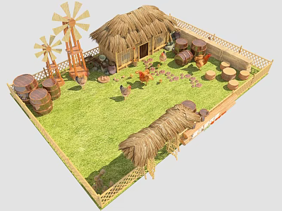 Rustic Farm Scene With Thatched Hut Windmills Barrels Chickens Hay Stacks Fence And Green Grass 3d model