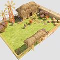 Rustic Farm Scene With Thatched Hut Windmills Barrels Chickens Hay Stacks Fence And Green Grass