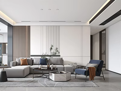 Modern Living and Dining Room Interior With Sectional Sofa Coffee Table And Decorative Plant 3d model
