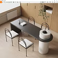 Modern Dining Table Set With Black Table Four Chairs White Cushions And Potted Plant