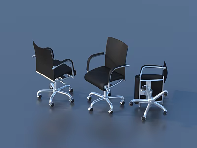 Three Black Office Chairs With Silver Metal Base And Wheels In Different Angles 3d model
