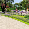 Residential Landscape With Walking Path Steps Trees Lawns And Flower Beds Near Buildings