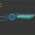 Futuristic Chainsaw With Glowing Green Crystal Blade Red Black Handle Intricate Patterns And Dark Reflection