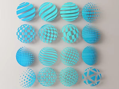Unique Blue Spherical Wall Decor With Stripes Checks Dots And Geometric Patterns On Wall 3d model