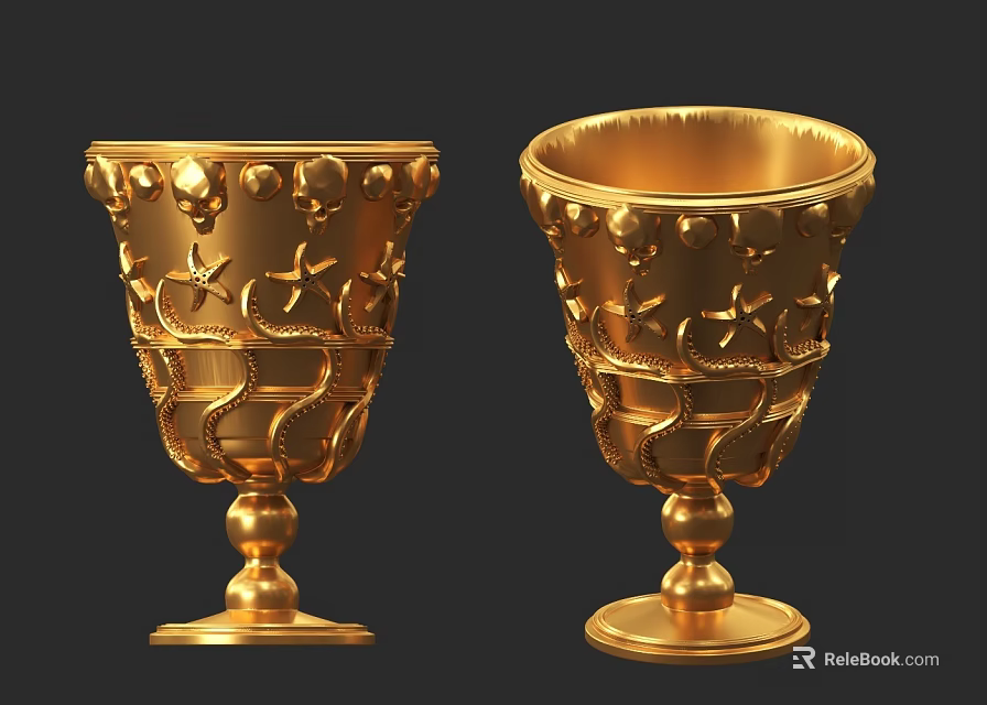 Ornate Golden Jewelry Goblets With Intricate Carved Snake And Star Patterns Design 3d model 