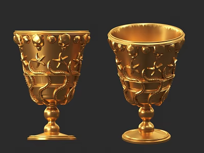 Ornate Golden Jewelry Goblets With Intricate Carved Snake And Star Patterns Design 3d model