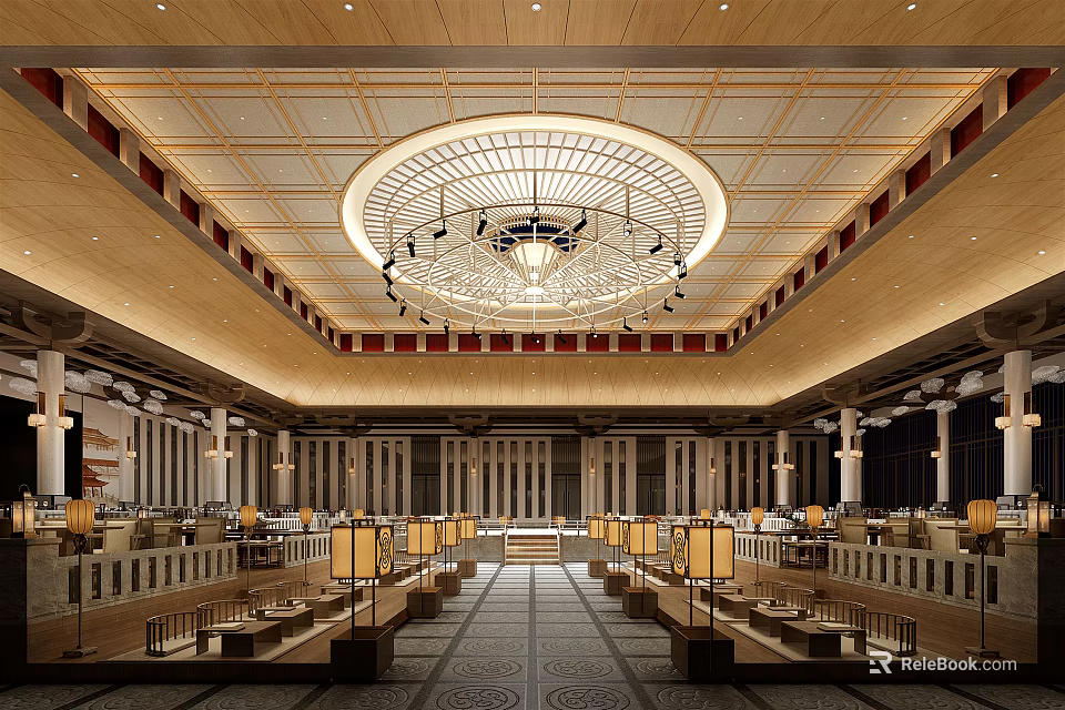 Serene Religious Worship Hall With Wooden Ceiling Circular Chandelier And Columns For Spiritual Gatherings 3d model 