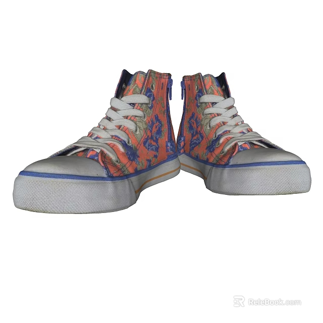 Colorful High Top Canvas Shoes With Floral Pattern White Laces And Blue Orange Trim 3d model 