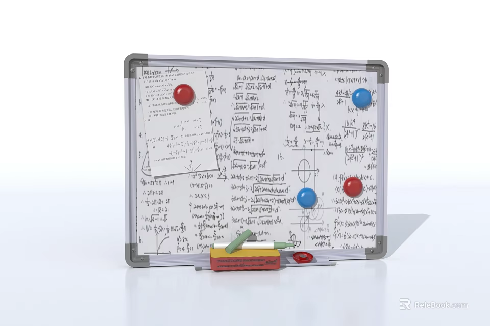 Clear Whiteboard On White Background With Mathematical Equations Colored Magnets And Eraser 3d model 
