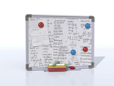 Clear Whiteboard On White Background With Mathematical Equations Colored Magnets And Eraser 3d model