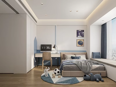 Modern Kids Room Interior With Bed Desk Chair Wall Art And Toys On Rug 3d model