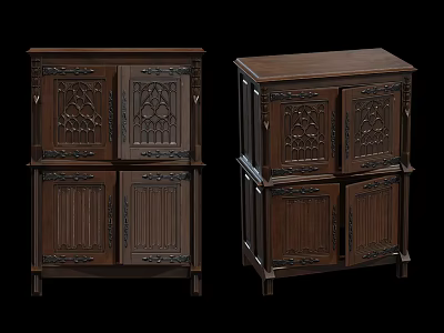 Vintage Wooden Entryway Cabinet and Side Cabinet with Intricate Carved Patterns and Decorative Doors 3d model