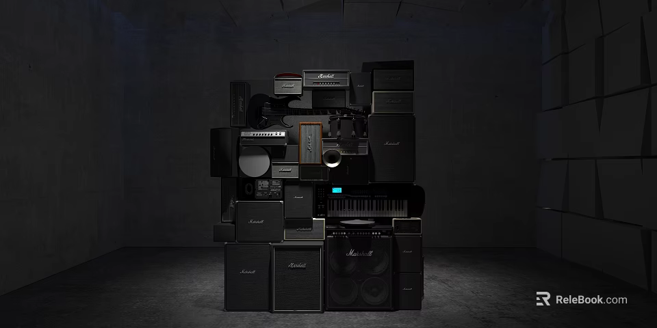 Stacked Black Audio Equipment Art Installation Modern Industrial Style With Dark Wall Floor Background 3d model 