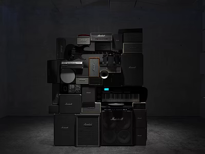 Stacked Black Audio Equipment Art Installation Modern Industrial Style With Dark Wall Floor Background 3d model