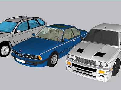 Three Assorted Cars Featuring Silver SUV Blue Sedan and White Vehicle 3d model