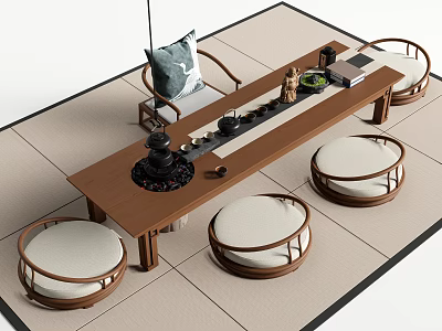 Wooden Tea Table and Chairs Design With Round Cushioned Stools Tea Set and Mat Floor 3d model