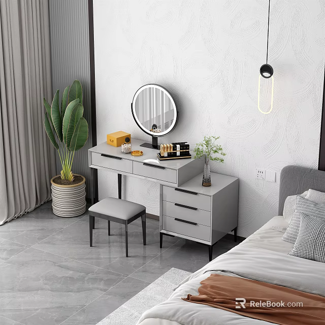 Modern Gray Dressing Table with Round Mirror Stool Potted Plant and Cosmetics 3d model