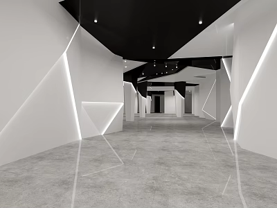 Modern Black And White Elevator Hallway With Geometric Lines Lighting And Smooth Floor 3d model
